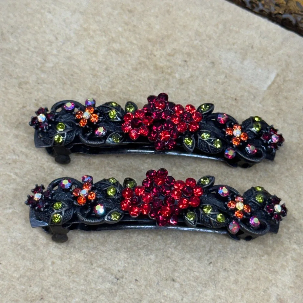 Vintage Style Floral Rhinestone Hair Barrettes Set of 2 Red Green Gunmetal Tone
